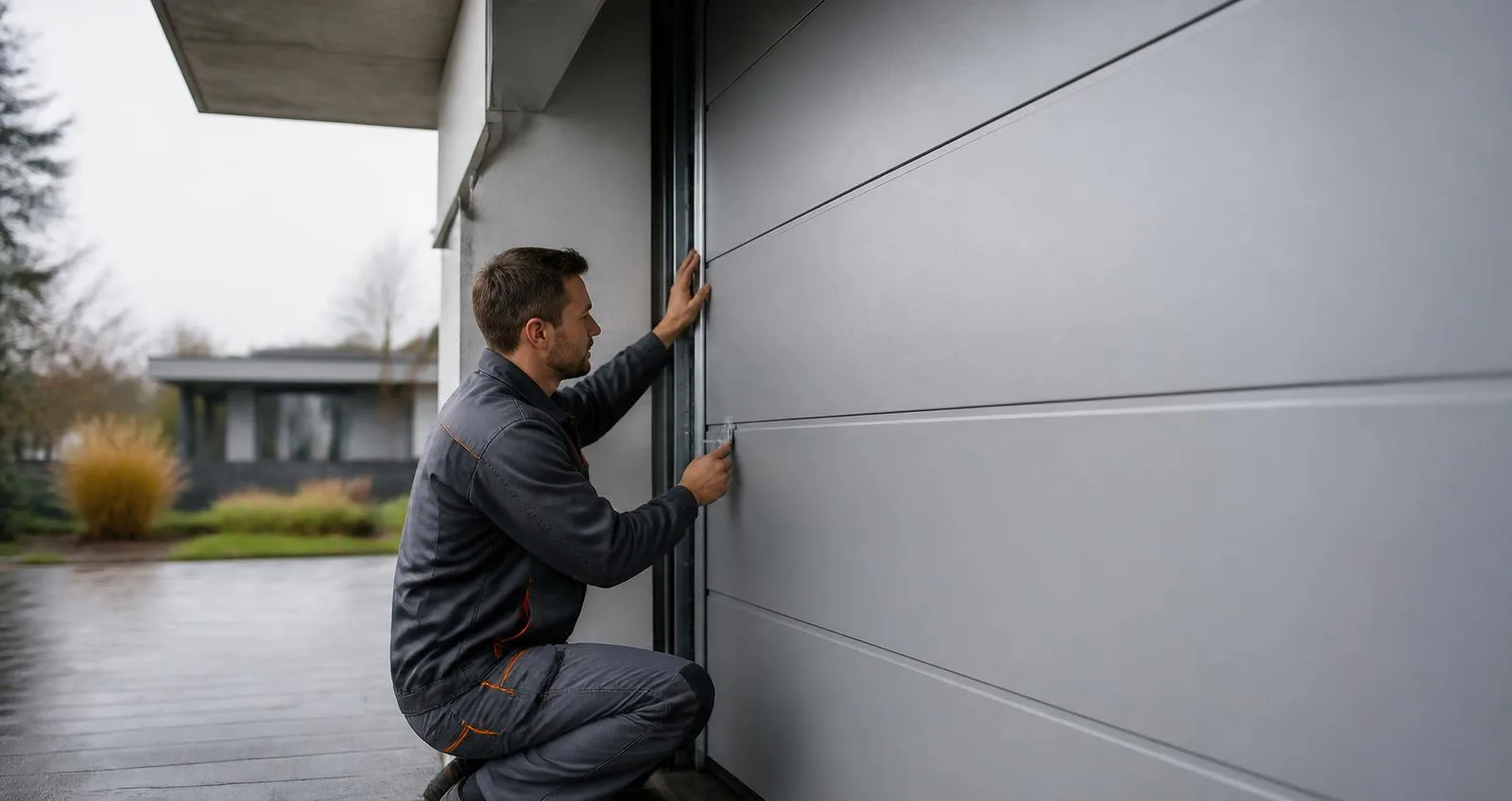 Technik v grafitovom pracovnom odeve kontroluje mechanizmus sekčnej garážovej brány